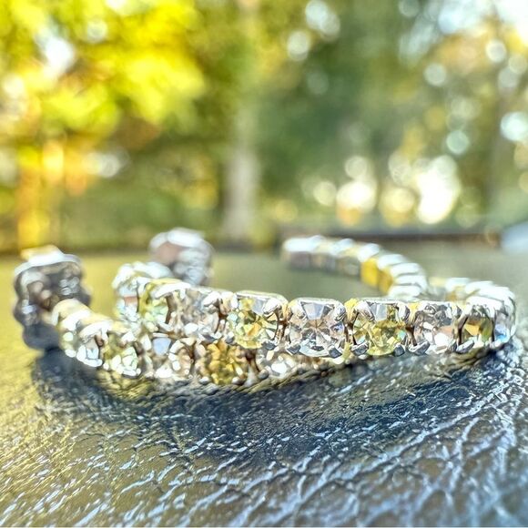 WOMEN’S SILVER HOOP EARRINGS WITH YELLOW & CLEAR CRYSTAL TENNIS SETTING - Picture 14 of 16